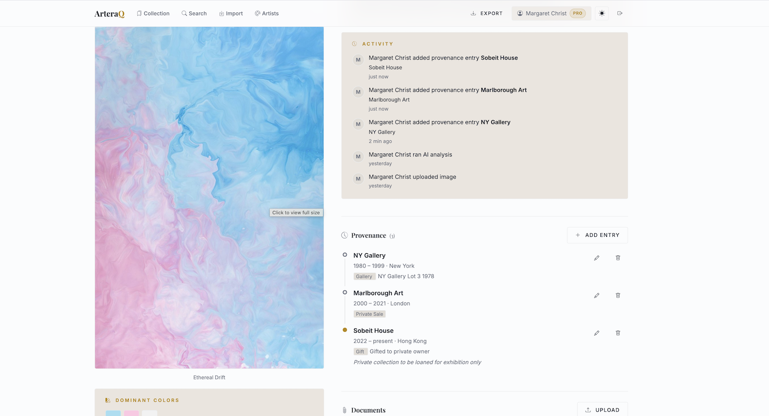 ArteraQ provenance tracking interface showing ownership history timeline with document attachments