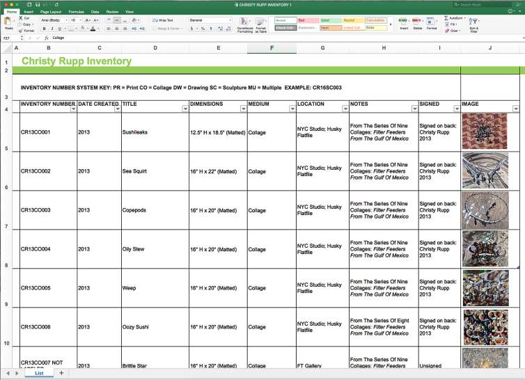 Example of a traditional art inventory spreadsheet cataloging artworks