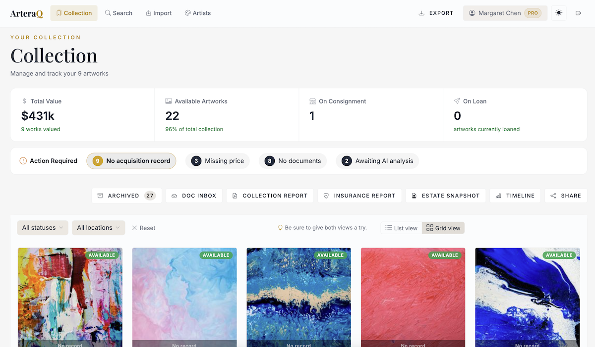 ArteraQ collection dashboard showing artwork inventory with stats and grid view