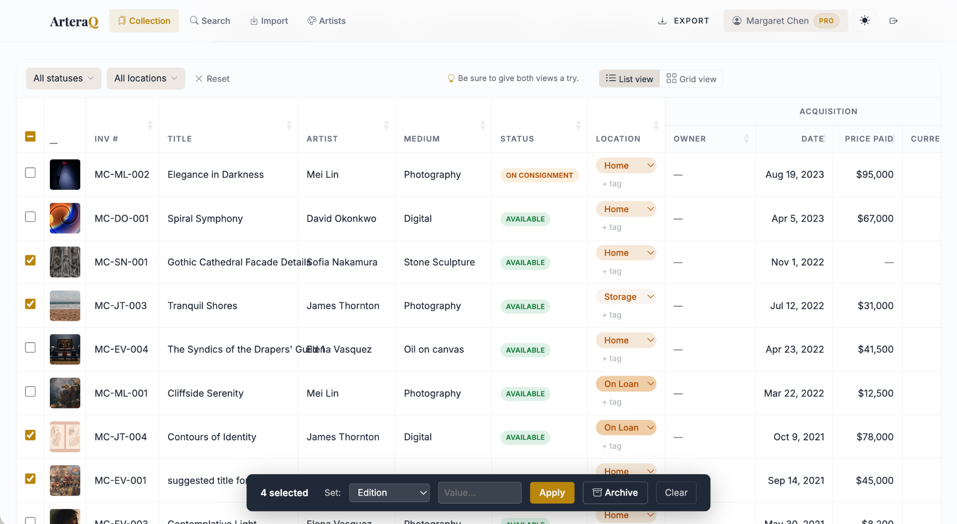 ArteraQ collection list view with sortable columns and bulk actions