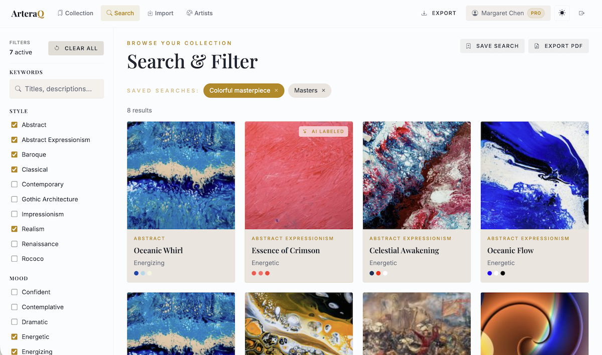 ArteraQ search and filter interface with style and mood filters