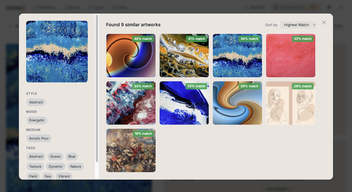 ArteraQ similar artworks search showing visual matching results