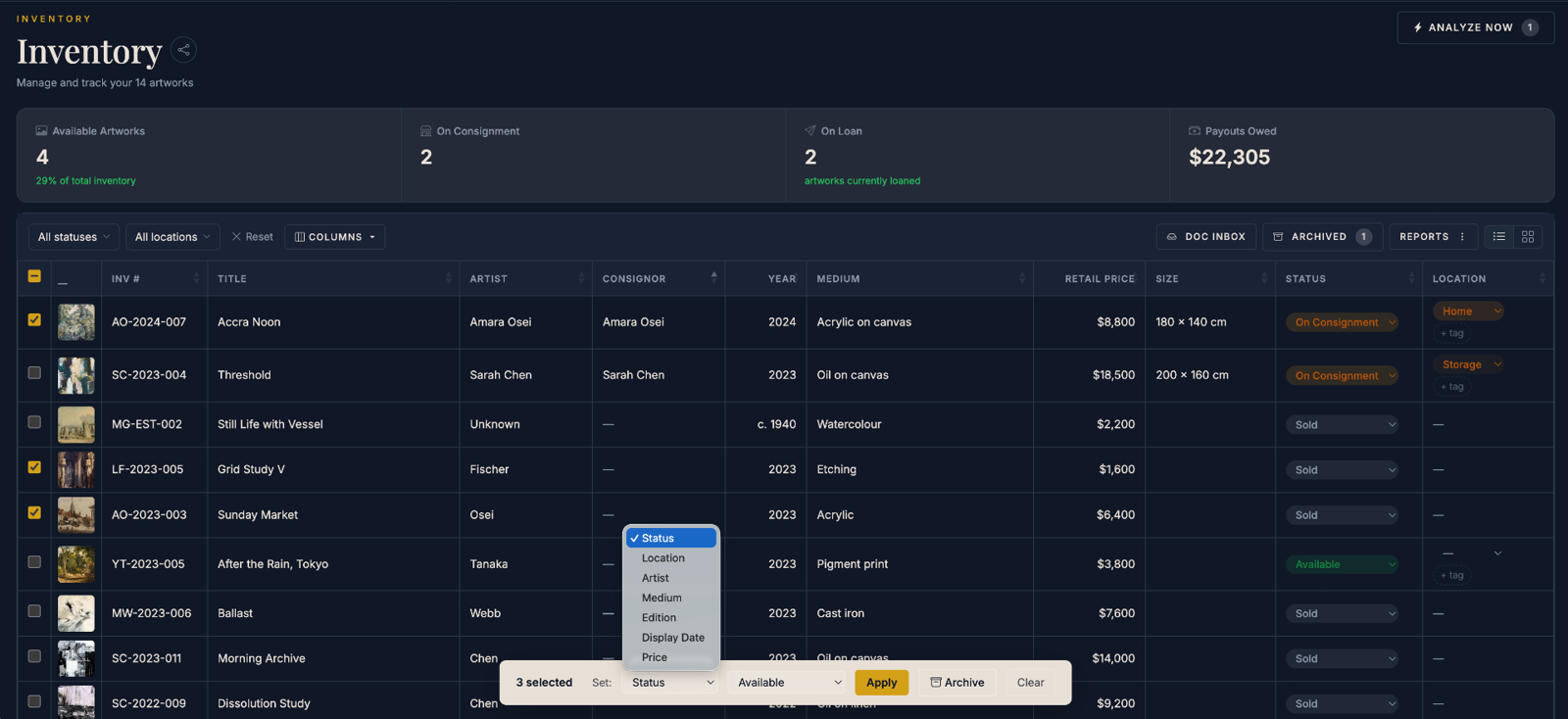 ArteraQ inventory dashboard showing artworks with status, consignor, pricing, and location columns