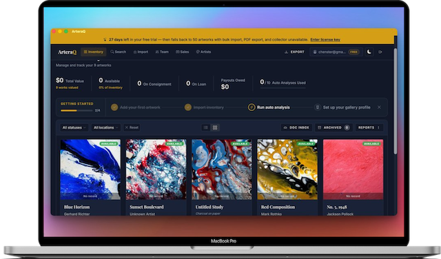 ArteraQ Desktop inventory view showing artwork grid with status badges, value summary, and trial banner